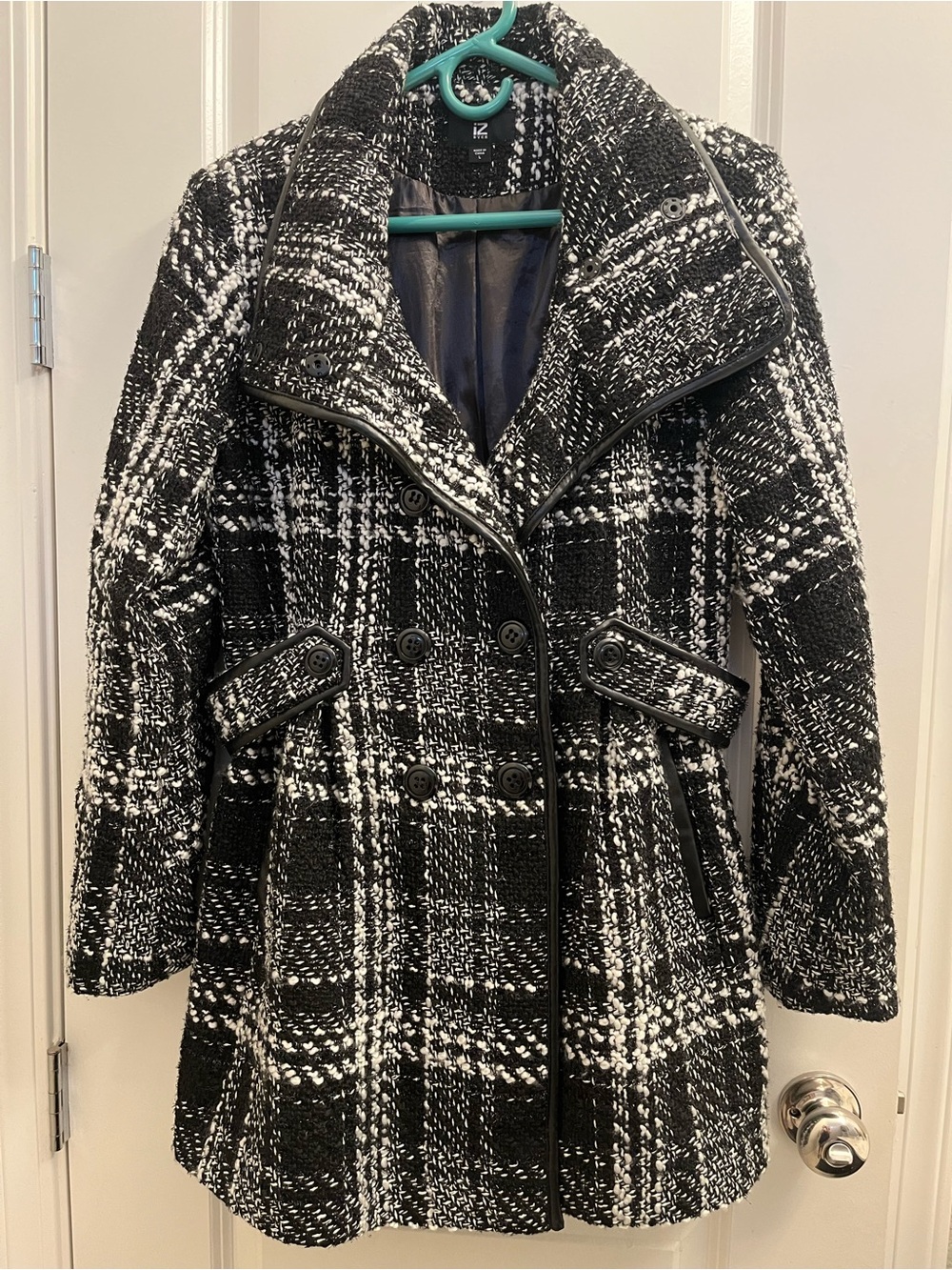 IZ Byer Black & White Plaid Double-Breasted Peacoat L